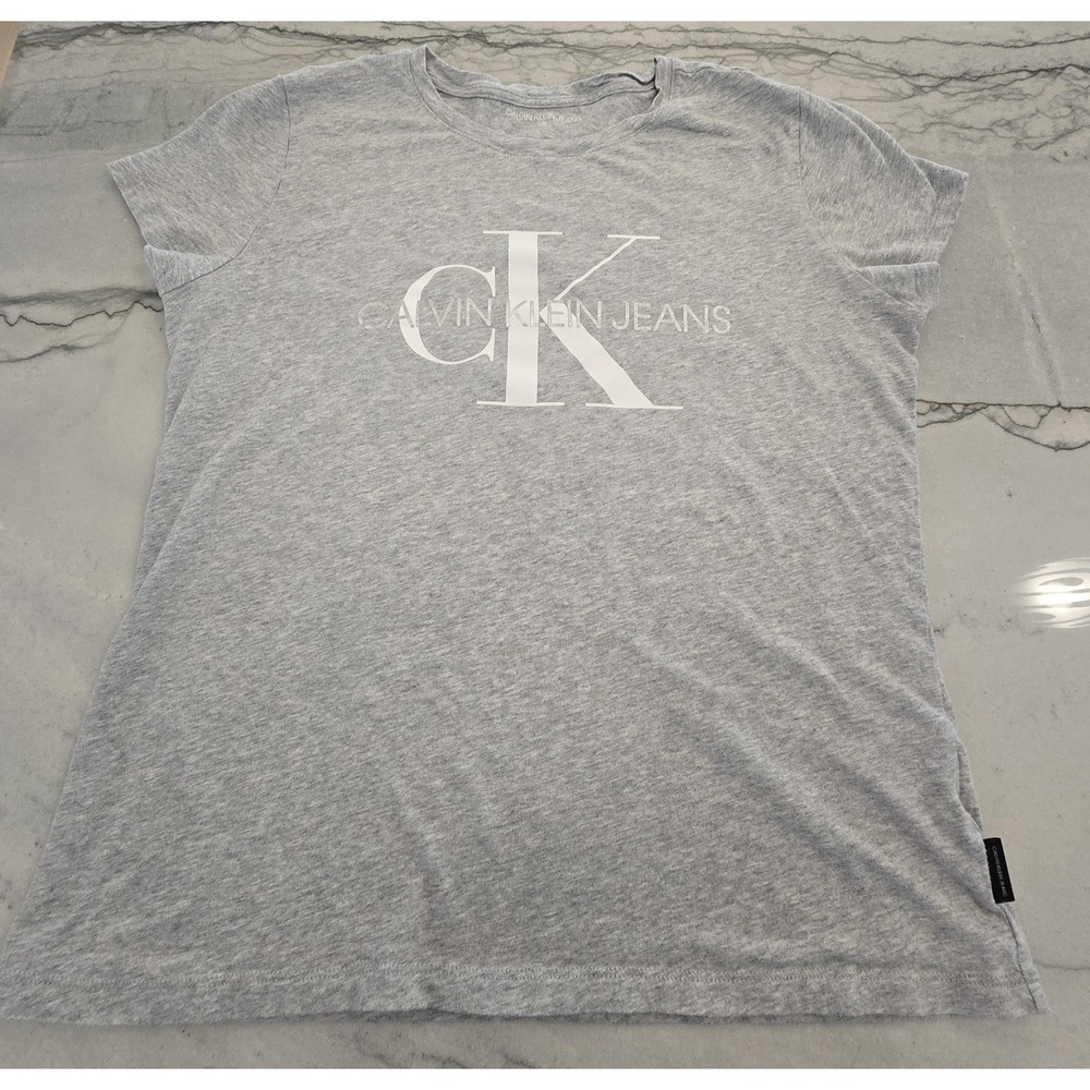 Calvin Klein Jeans Shirt‎ Womens Large Gray CK Logo Short Sleeve Cotton Modal